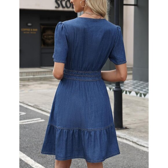 Denim Dress for Women Long Sleeve Tiered A Line Casual Flowy Babydoll - Picture 2 of 7